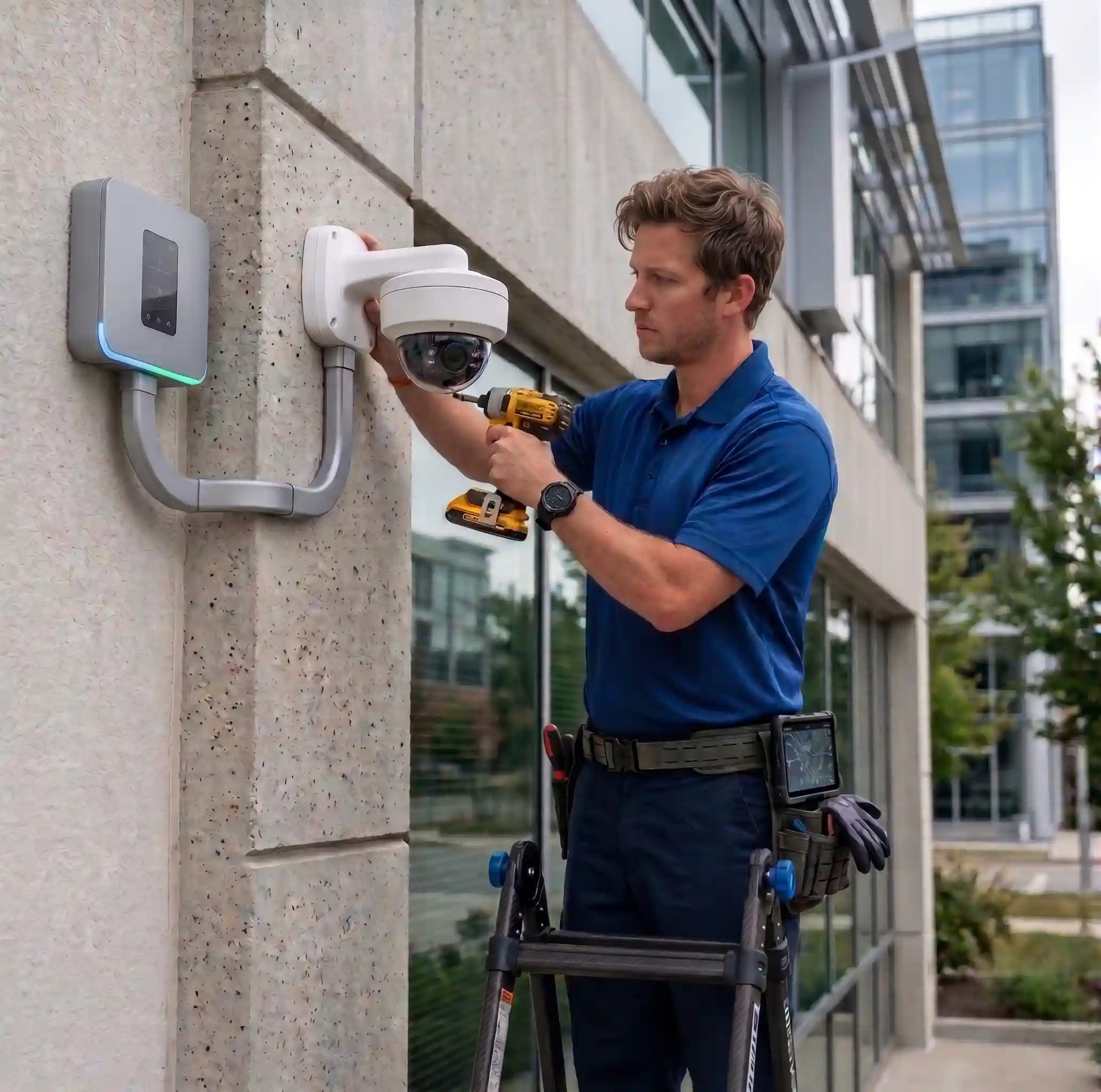Técnico instalando una cámara de seguridad CCTV en Bogotá